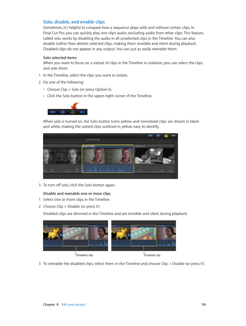 Solo, disable, and enable clips | Apple Final Cut Pro X (10.0.9) User Manual | Page 116 / 476