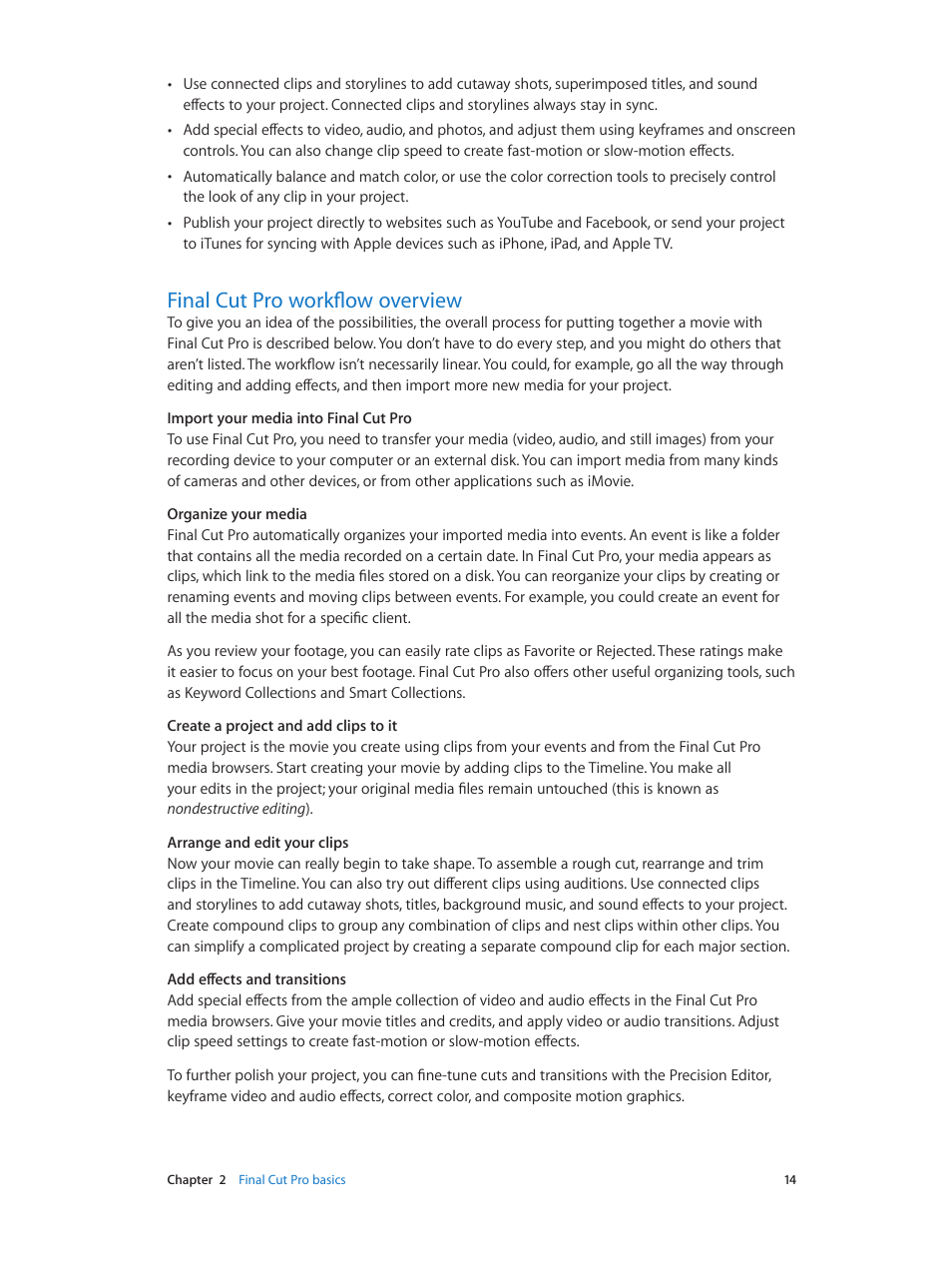 Final cut pro workflow overview, 14 final cut pro workflow overview | Apple Final Cut Pro X (10.0.9) User Manual | Page 14 / 476