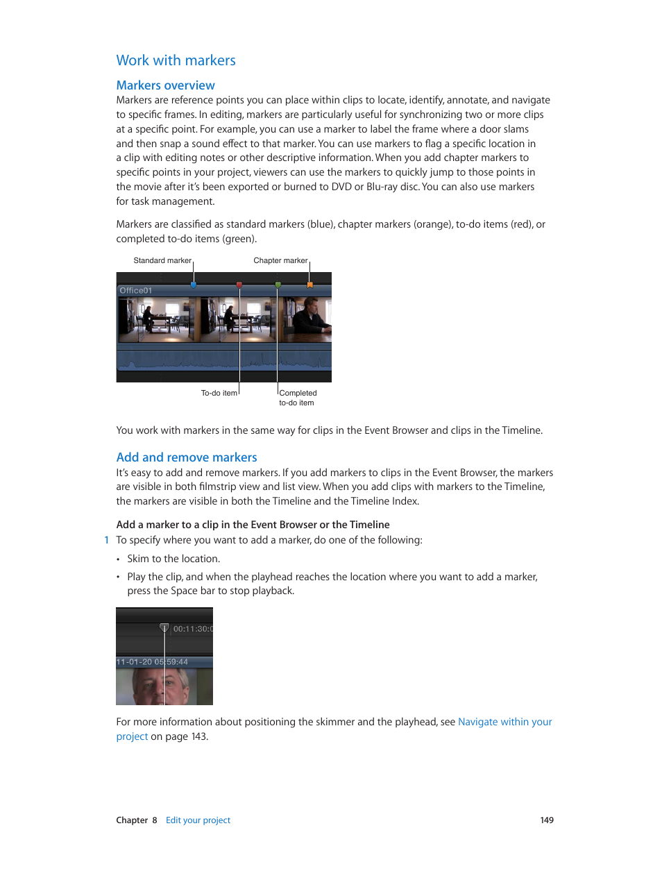 Work with markers, Markers overview, Add and remove markers | 149 work with markers 149 | Apple Final Cut Pro X (10.0.9) User Manual | Page 149 / 476