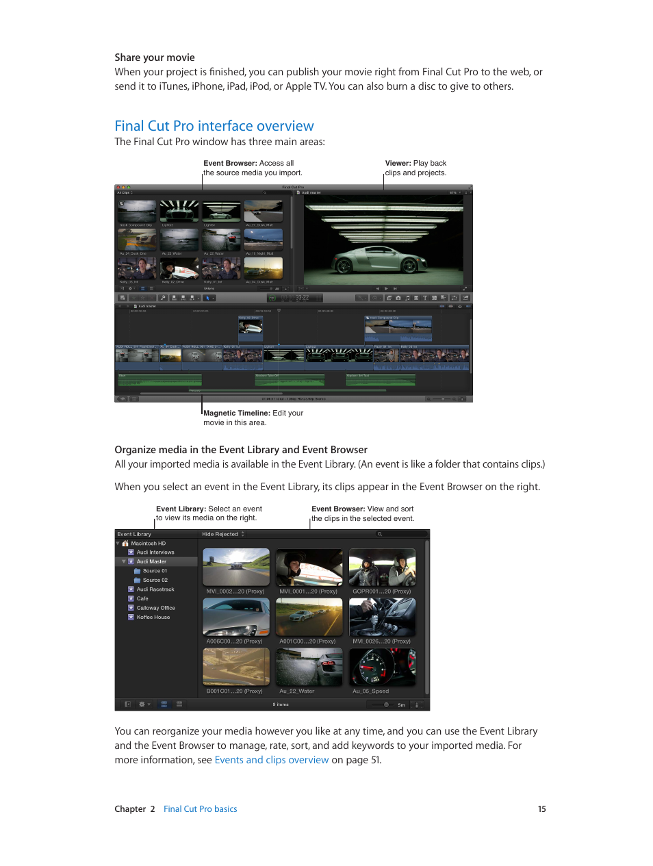Final cut pro interface overview, 15 final cut pro interface overview | Apple Final Cut Pro X (10.0.9) User Manual | Page 15 / 476