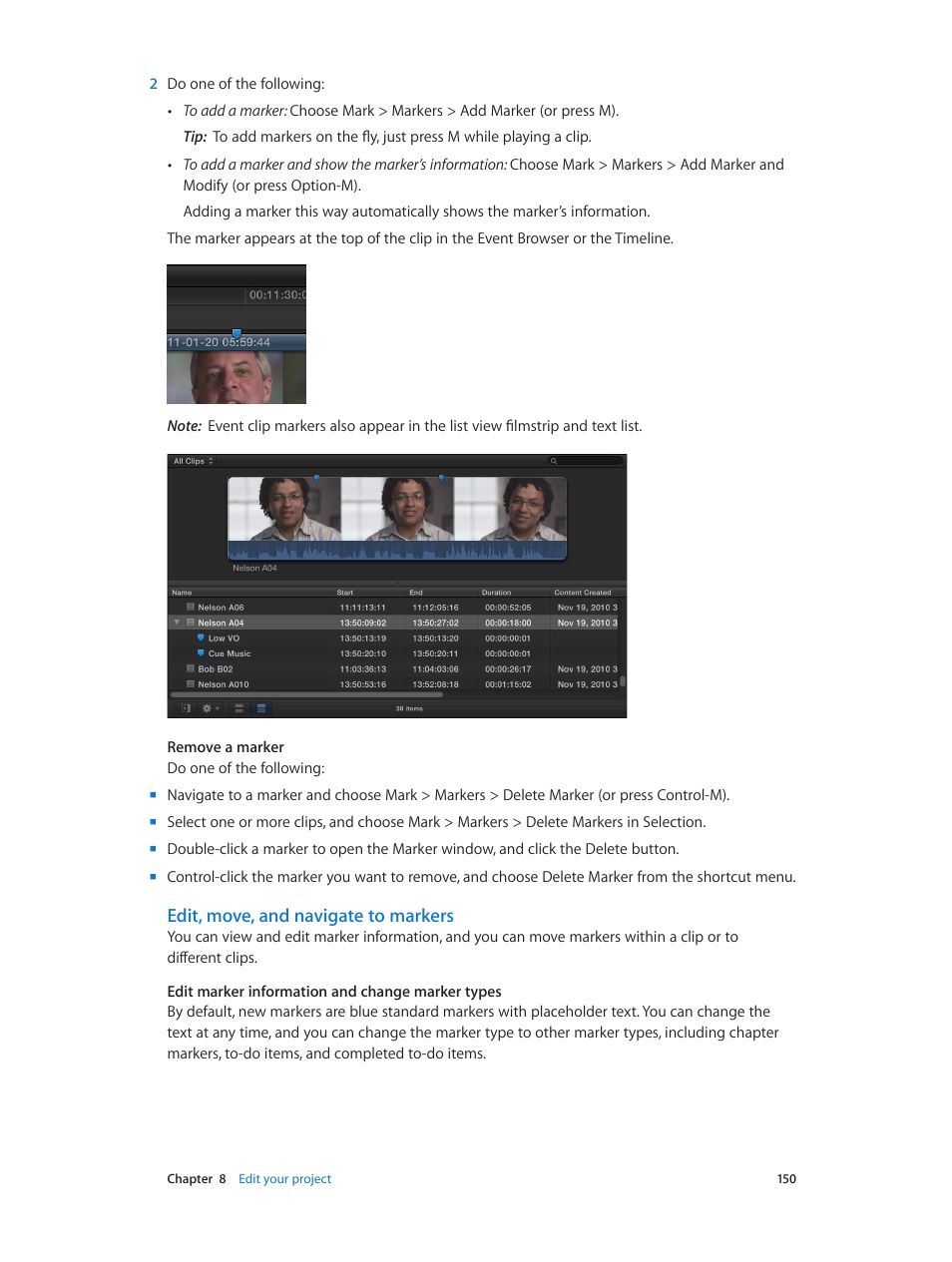 Edit, move, and navigate to markers | Apple Final Cut Pro X (10.0.9) User Manual | Page 150 / 476