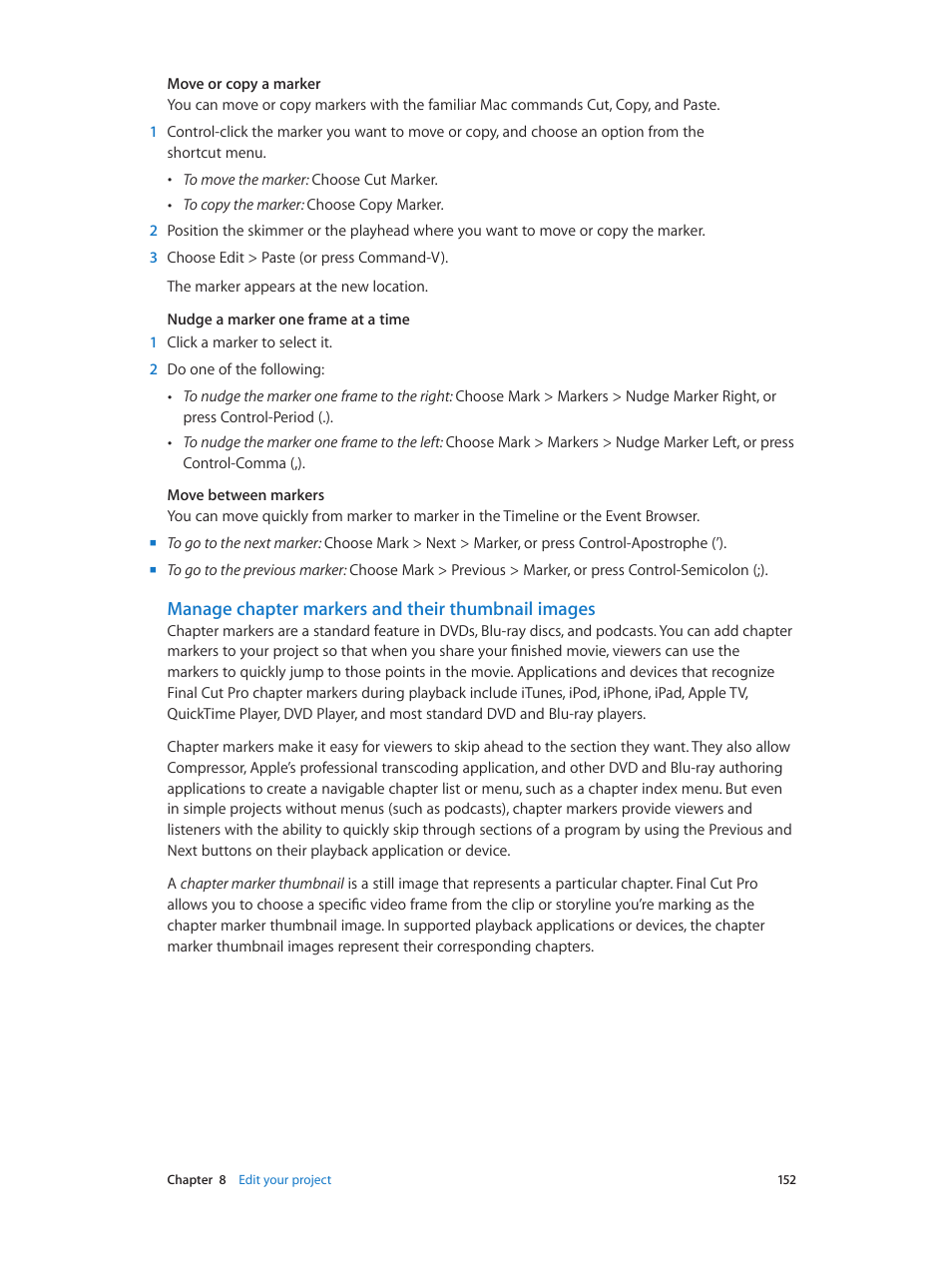 Manage chapter markers and their thumbnail images, Manage chapter, Markers and their thumbnail images | Apple Final Cut Pro X (10.0.9) User Manual | Page 152 / 476