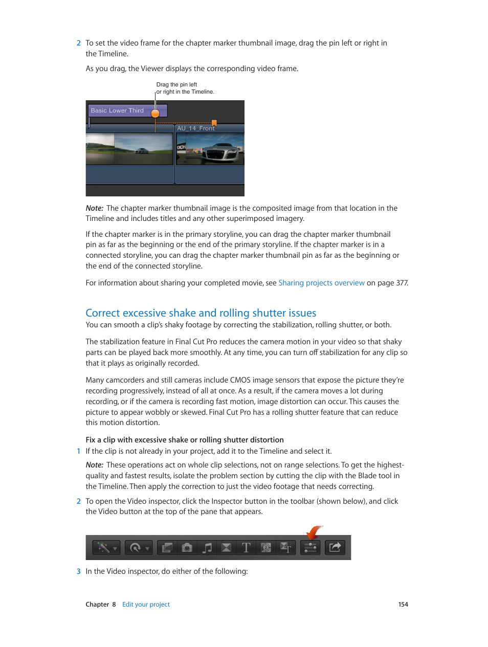 Correct excessive shake and rolling shutter issues, Correct excessive shake and, Rolling shutter issues | Apple Final Cut Pro X (10.0.9) User Manual | Page 154 / 476
