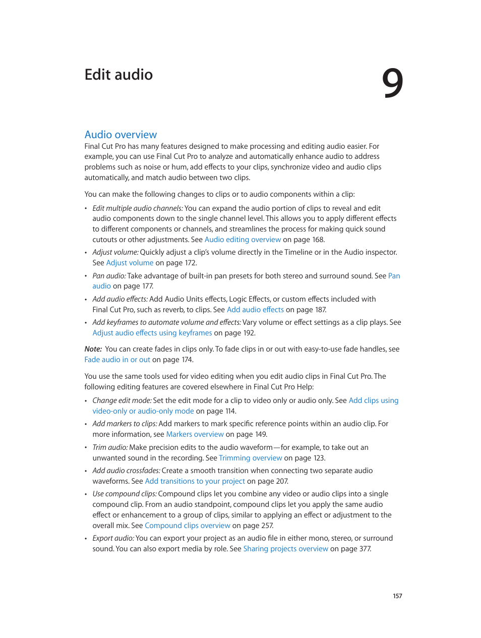 Chapter 9: edit audio, Audio overview, 157 audio overview | Edit audio | Apple Final Cut Pro X (10.0.9) User Manual | Page 157 / 476