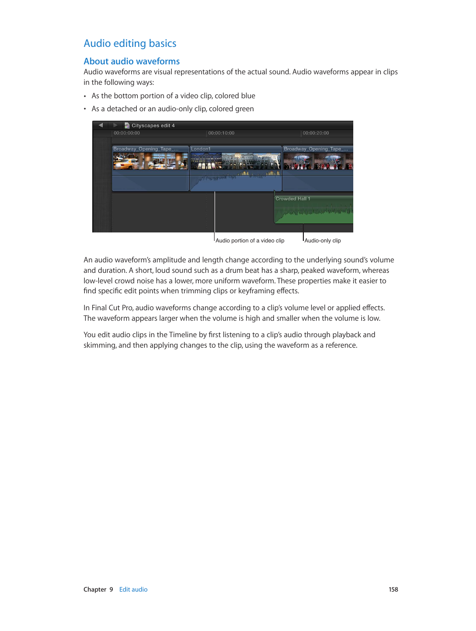 Audio editing basics, About audio waveforms, 158 audio editing basics 158 | Apple Final Cut Pro X (10.0.9) User Manual | Page 158 / 476
