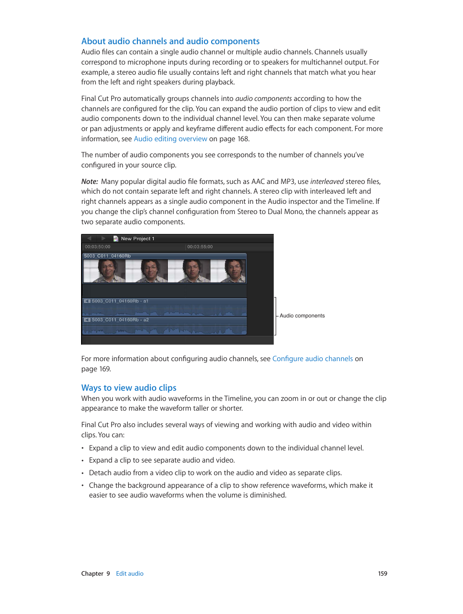 About audio channels and audio components, Ways to view audio clips | Apple Final Cut Pro X (10.0.9) User Manual | Page 159 / 476