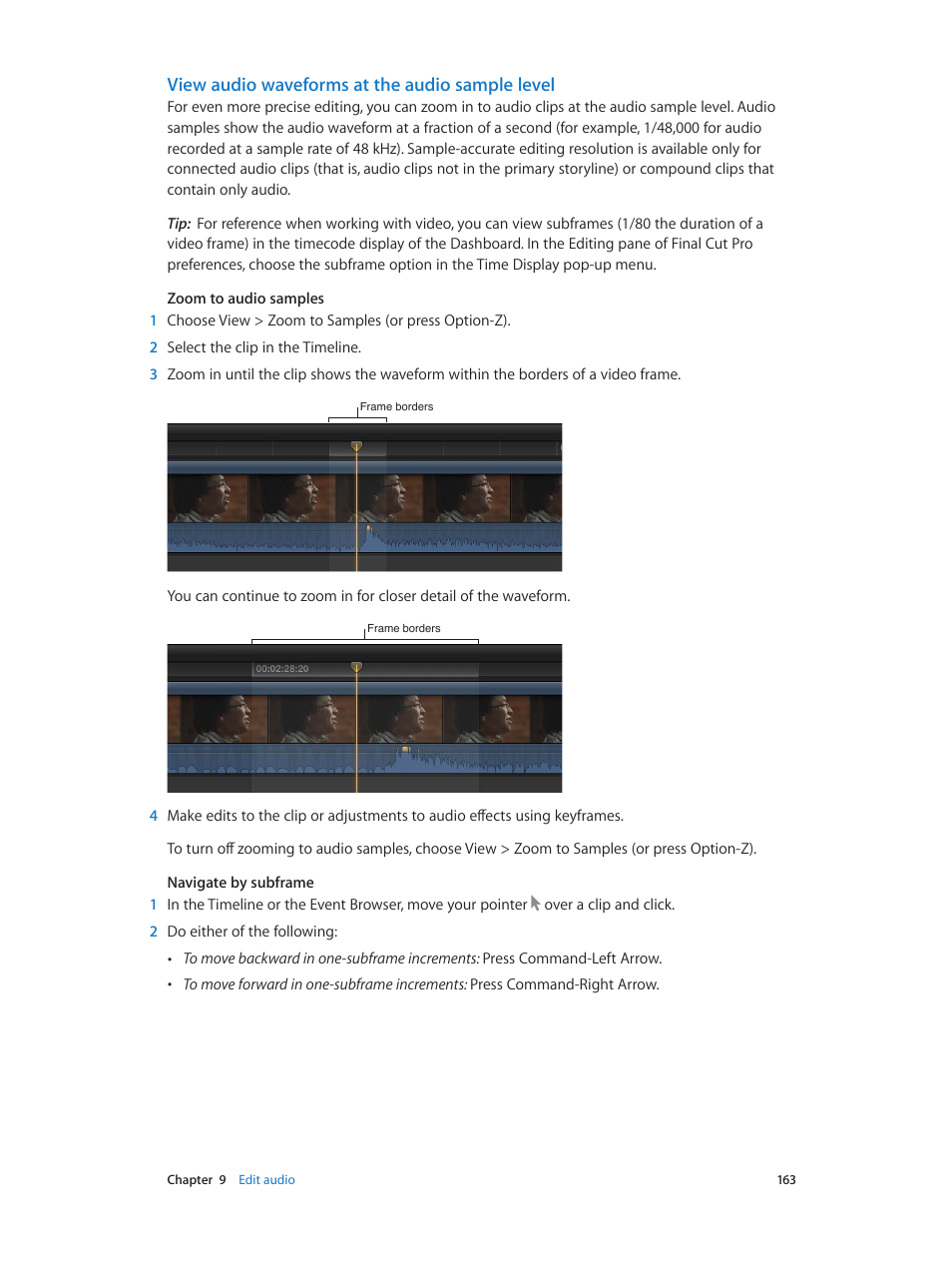View audio waveforms at the audio sample level | Apple Final Cut Pro X (10.0.9) User Manual | Page 163 / 476