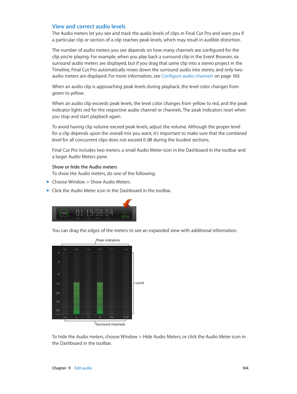 View and correct audio levels | Apple Final Cut Pro X (10.0.9) User Manual | Page 164 / 476