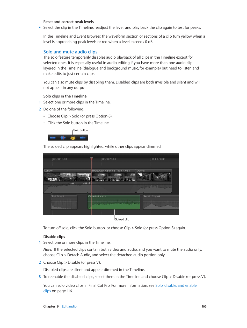 Solo and mute audio clips | Apple Final Cut Pro X (10.0.9) User Manual | Page 165 / 476
