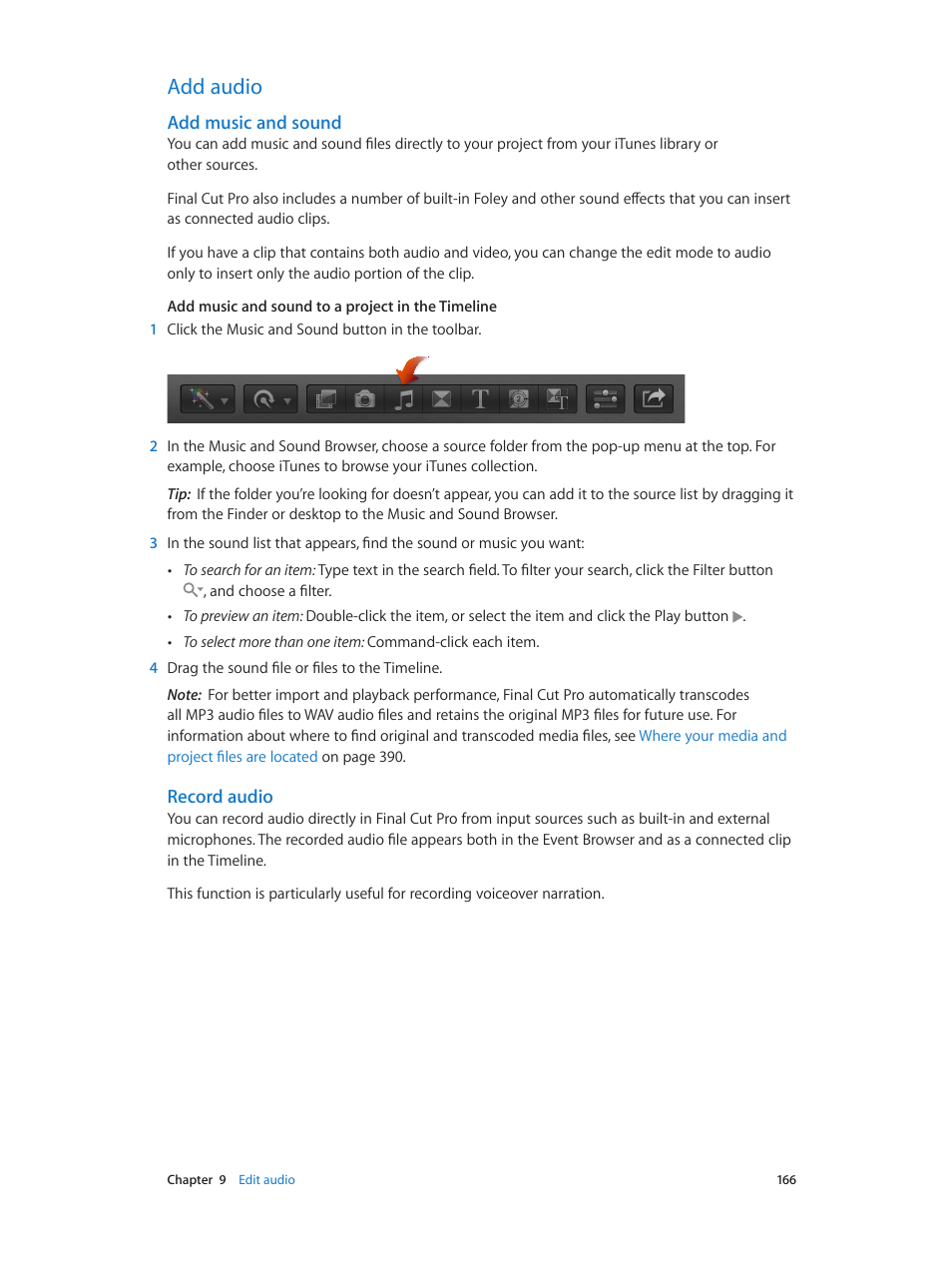 Add audio, Add music and sound, Record audio | 166 add audio 166 | Apple Final Cut Pro X (10.0.9) User Manual | Page 166 / 476