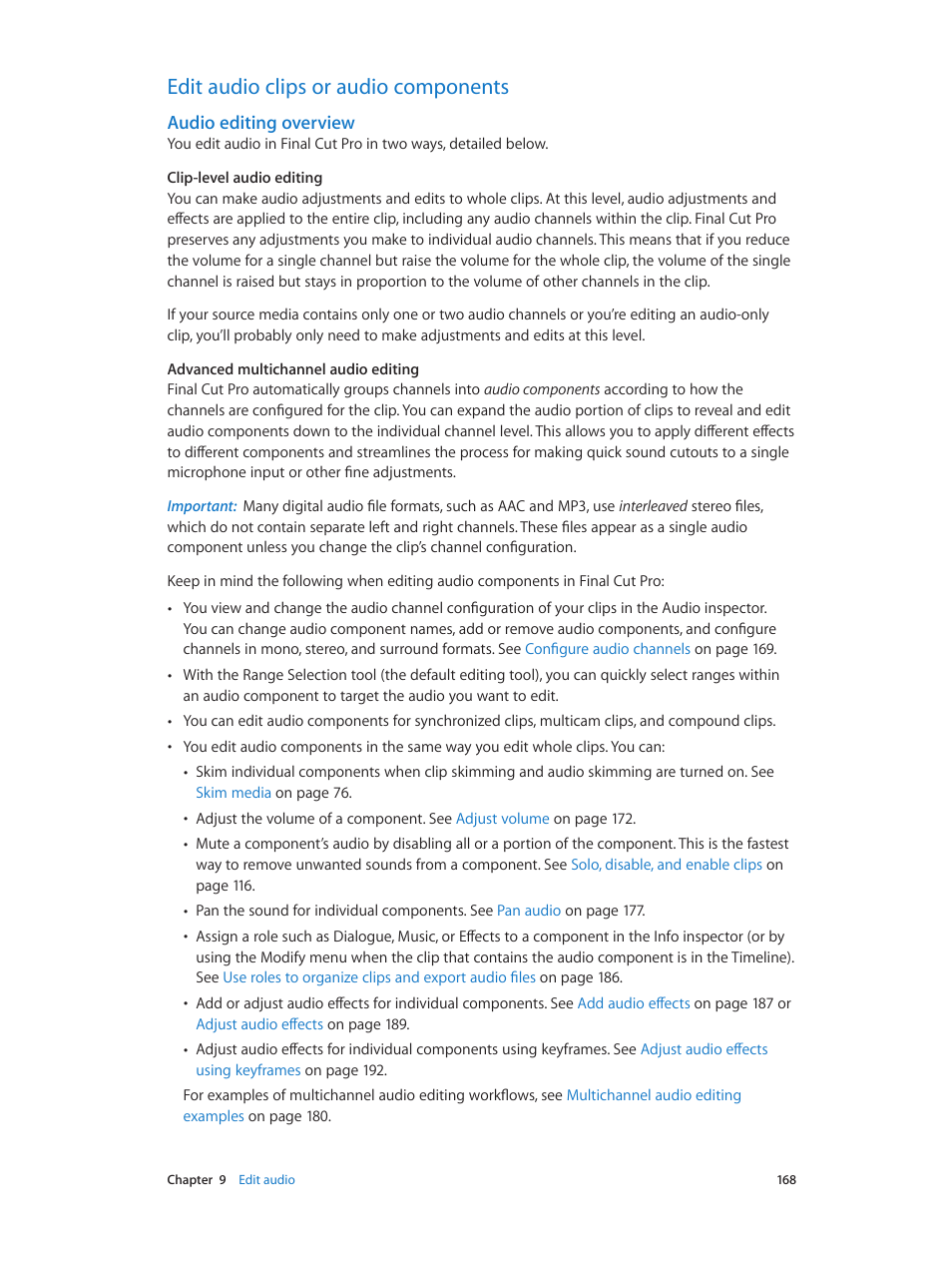 Edit audio clips or audio components, Audio editing overview, 168 edit audio clips or audio components 168 | Apple Final Cut Pro X (10.0.9) User Manual | Page 168 / 476