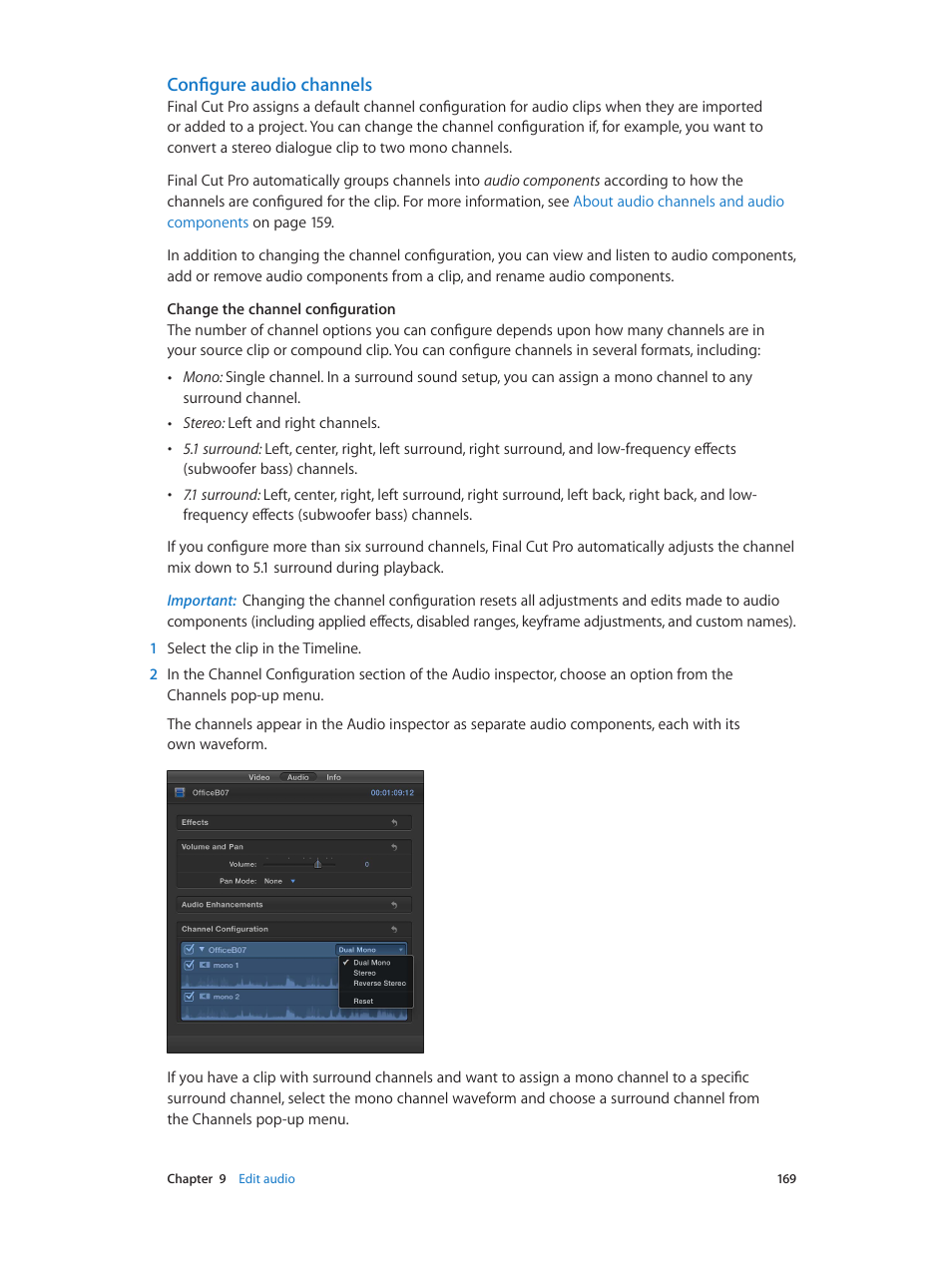 Configure audio channels | Apple Final Cut Pro X (10.0.9) User Manual | Page 169 / 476