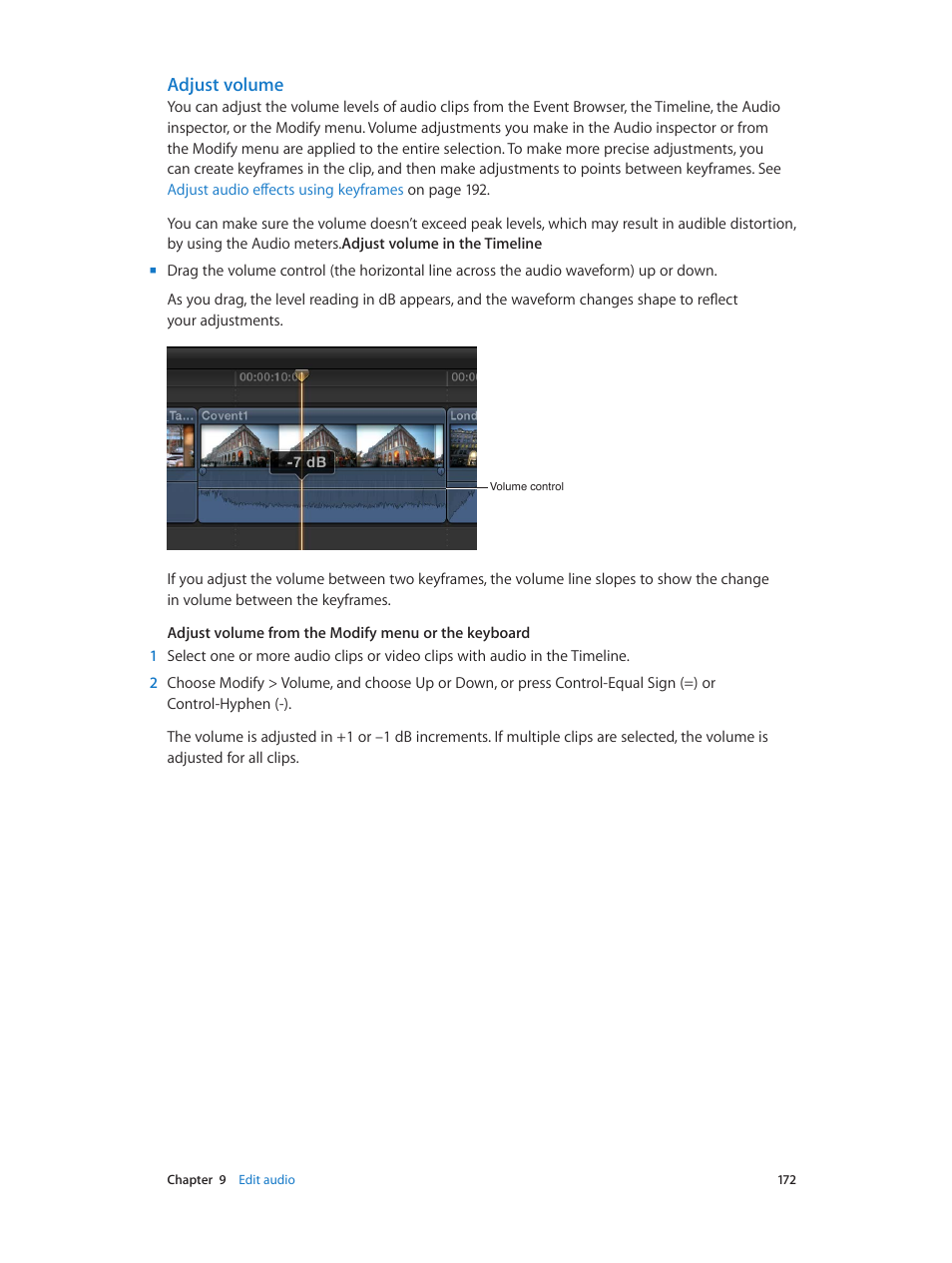 Adjust volume | Apple Final Cut Pro X (10.0.9) User Manual | Page 172 / 476