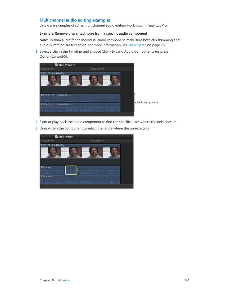 Multichannel audio editing examples, Multichannel audio editing, Examples | Apple Final Cut Pro X (10.0.9) User Manual | Page 180 / 476