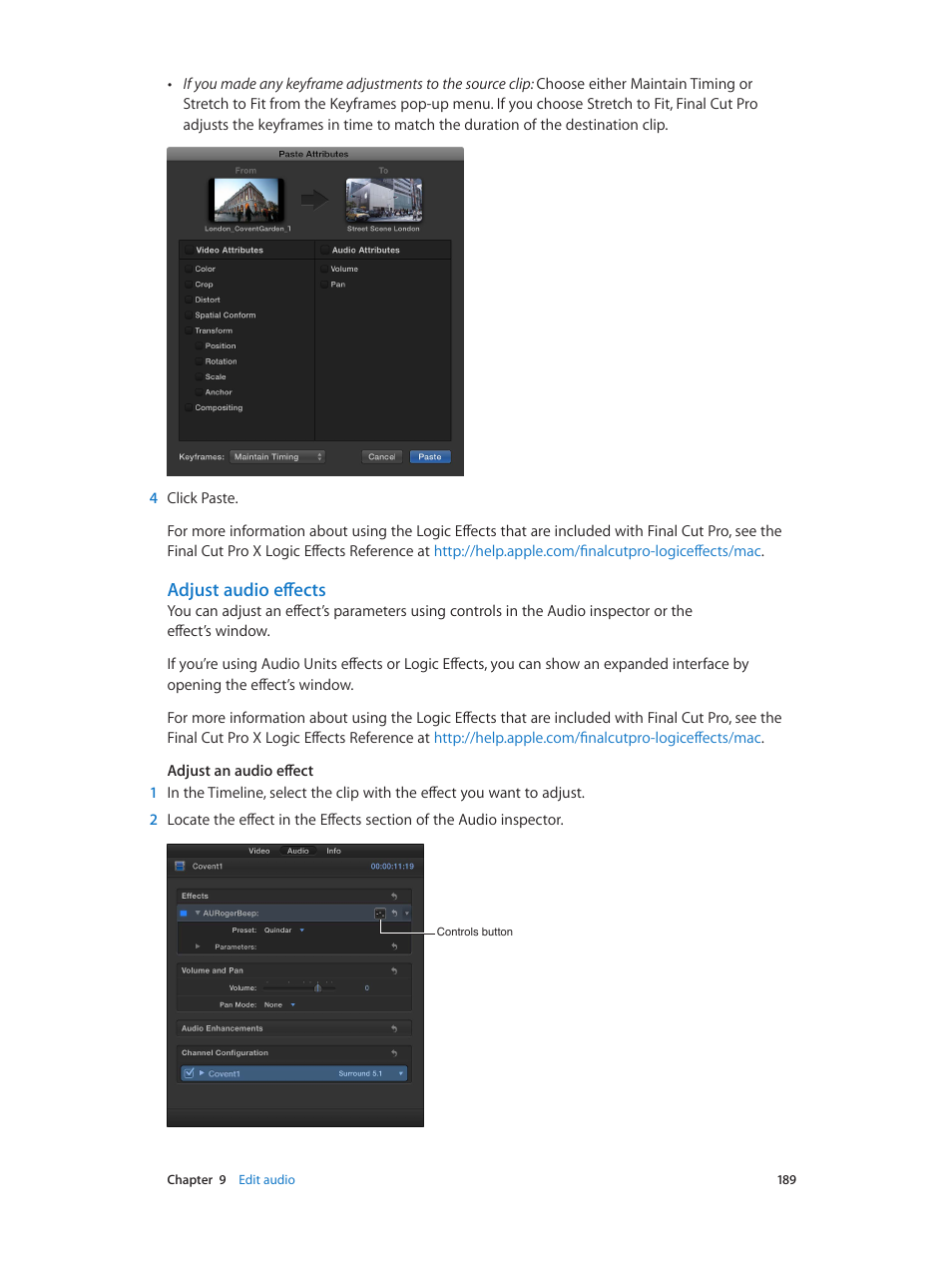 Adjust audio effects | Apple Final Cut Pro X (10.0.9) User Manual | Page 189 / 476