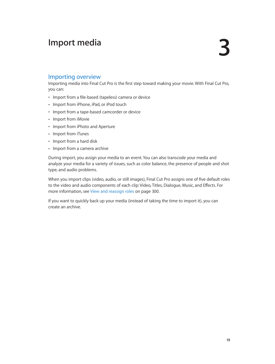Chapter 3: import media, Importing overview, 19 importing overview | Import media | Apple Final Cut Pro X (10.0.9) User Manual | Page 19 / 476