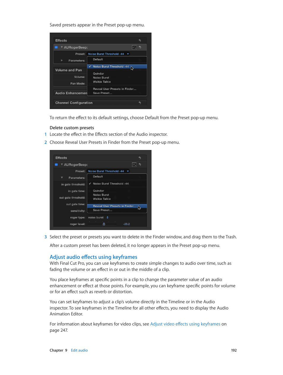 Adjust audio effects using keyframes, Adjust audio effects, Using keyframes | Apple Final Cut Pro X (10.0.9) User Manual | Page 192 / 476