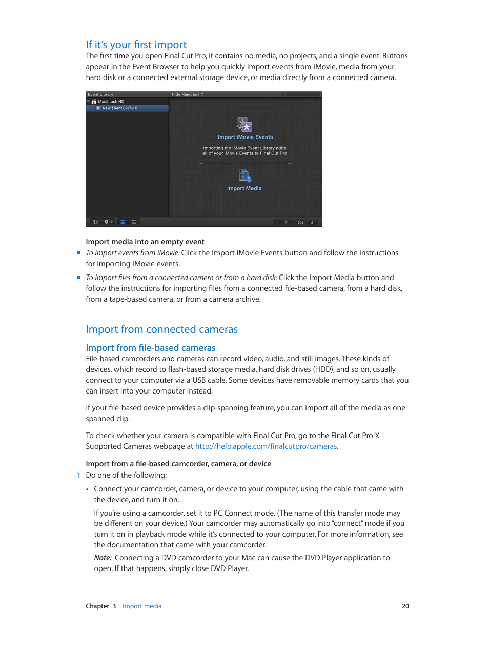If it’s your first import, Import from connected cameras, Import from file-based cameras | Apple Final Cut Pro X (10.0.9) User Manual | Page 20 / 476