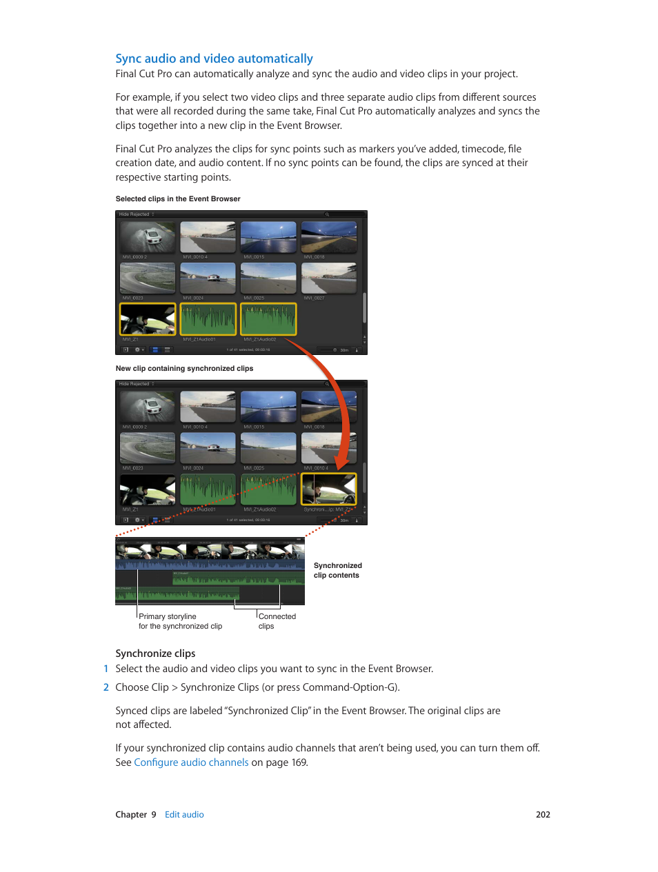 Sync audio and video automatically | Apple Final Cut Pro X (10.0.9) User Manual | Page 202 / 476