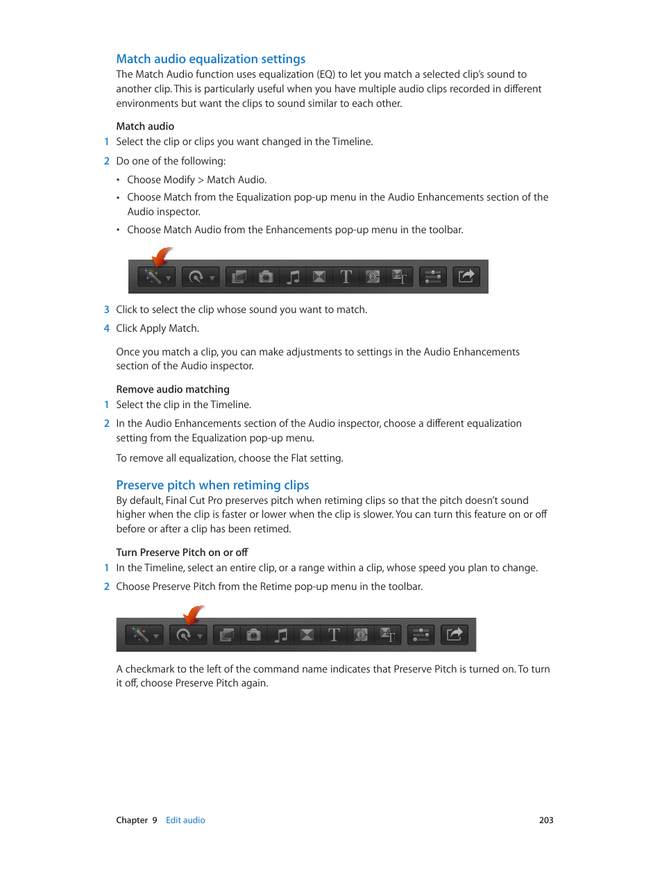 Match audio equalization settings, Preserve pitch when retiming clips | Apple Final Cut Pro X (10.0.9) User Manual | Page 203 / 476