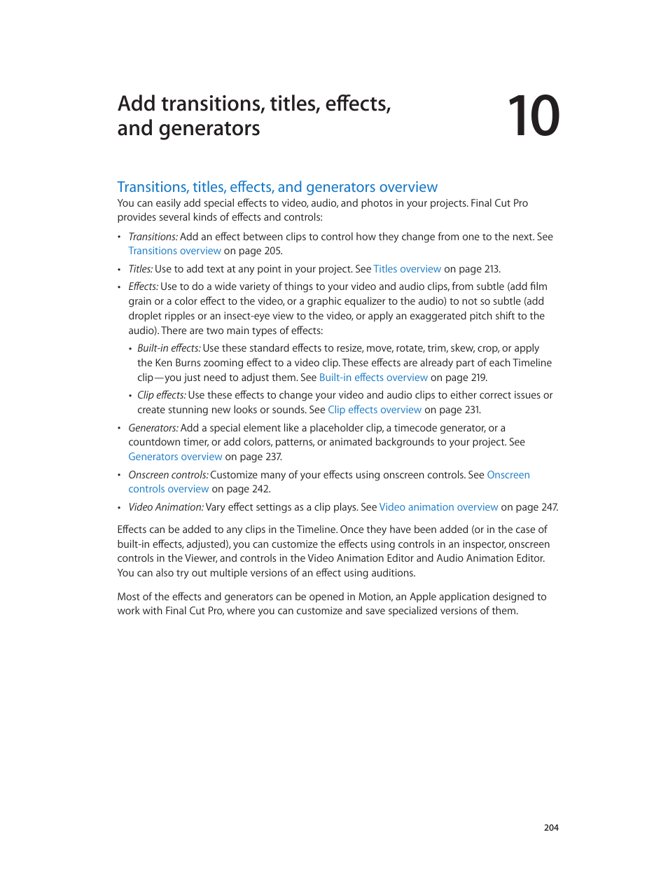 Add transitions, titles, effects, and generators | Apple Final Cut Pro X (10.0.9) User Manual | Page 204 / 476