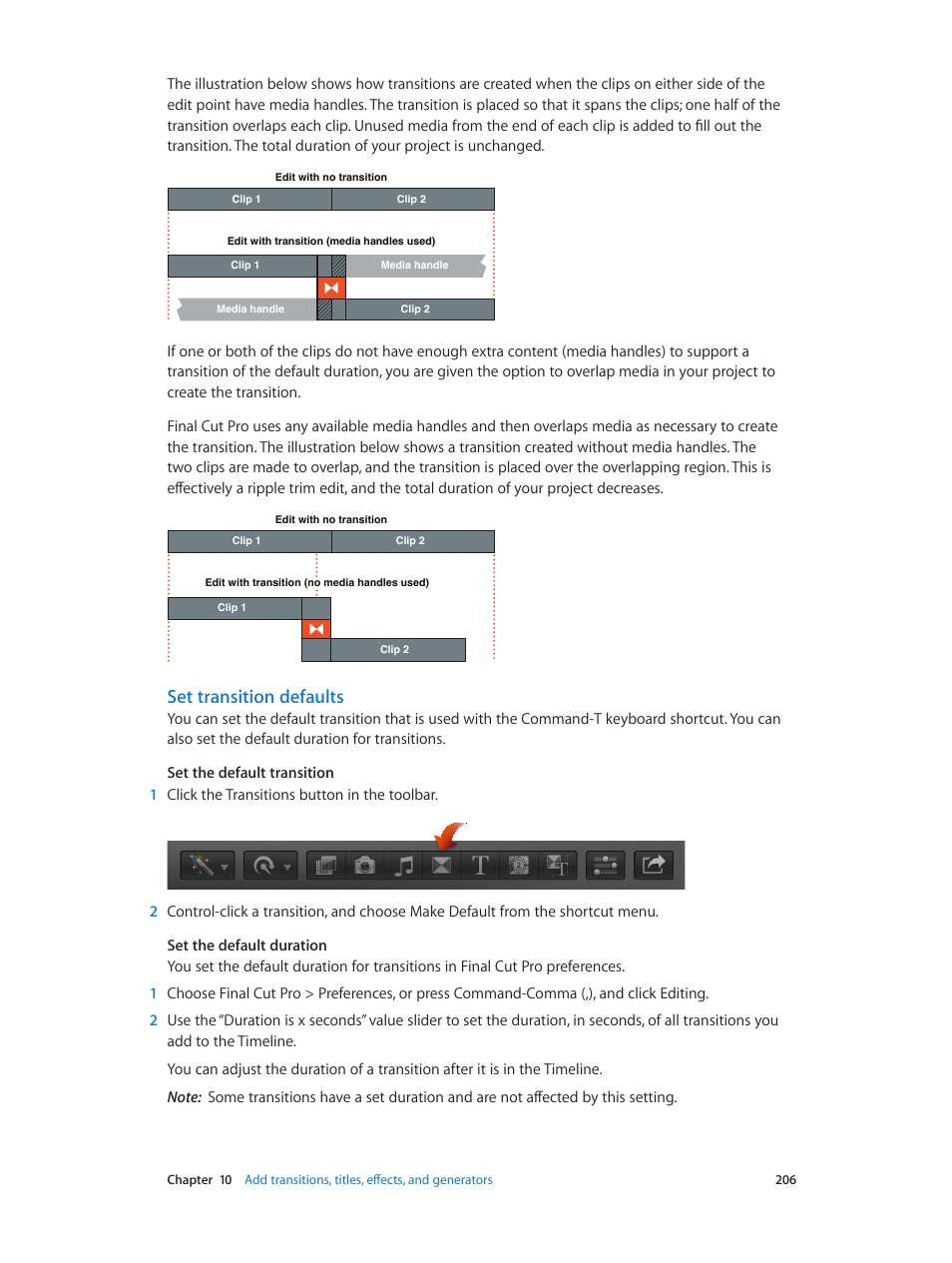 Set transition defaults | Apple Final Cut Pro X (10.0.9) User Manual | Page 206 / 476