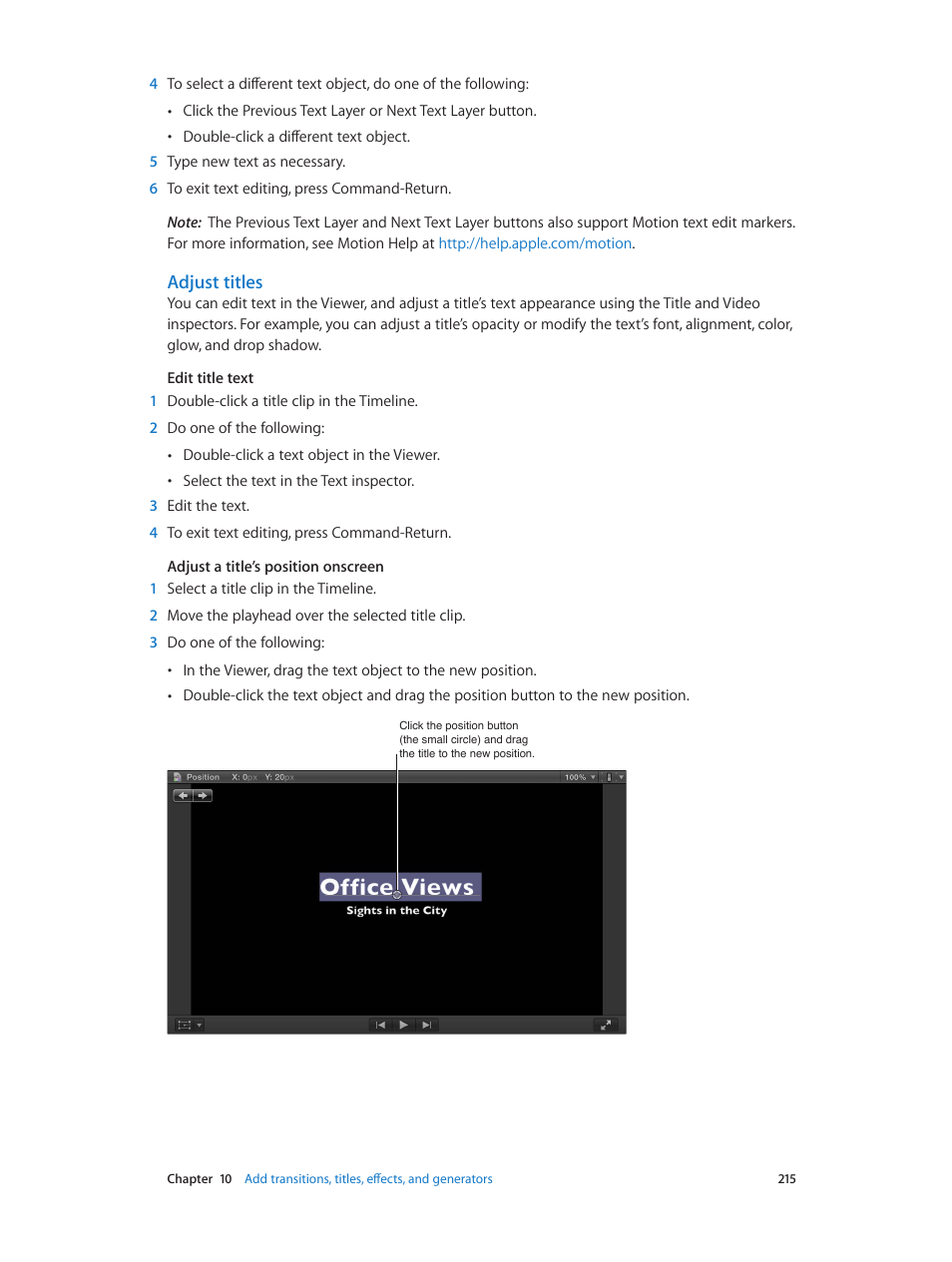 Adjust titles | Apple Final Cut Pro X (10.0.9) User Manual | Page 215 / 476
