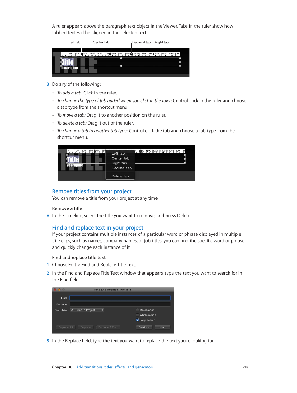 Remove titles from your project, Find and replace text in your project | Apple Final Cut Pro X (10.0.9) User Manual | Page 218 / 476