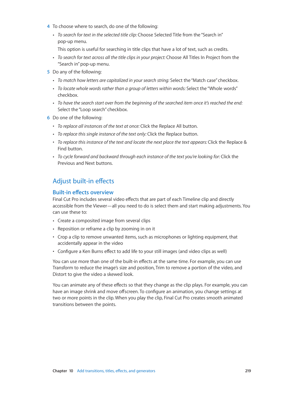 Adjust built-in effects, Built-in effects overview, 219 adjust built-in effects 219 | Apple Final Cut Pro X (10.0.9) User Manual | Page 219 / 476