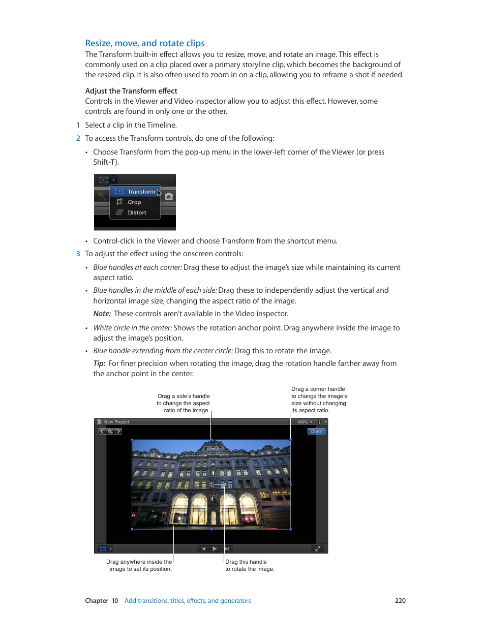 Resize, move, and rotate clips | Apple Final Cut Pro X (10.0.9) User Manual | Page 220 / 476