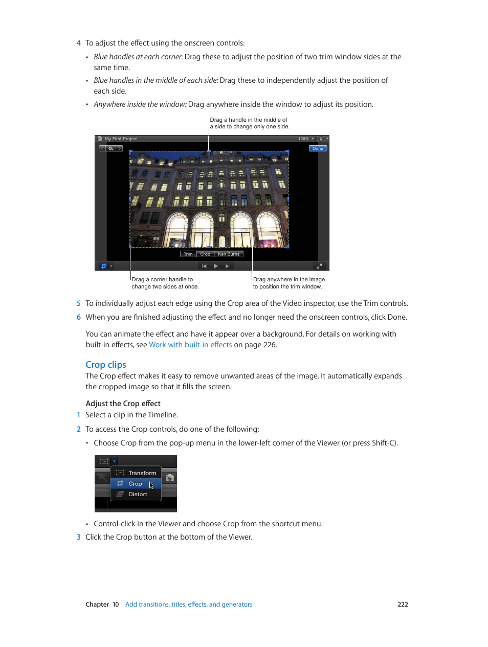 Crop clips | Apple Final Cut Pro X (10.0.9) User Manual | Page 222 / 476