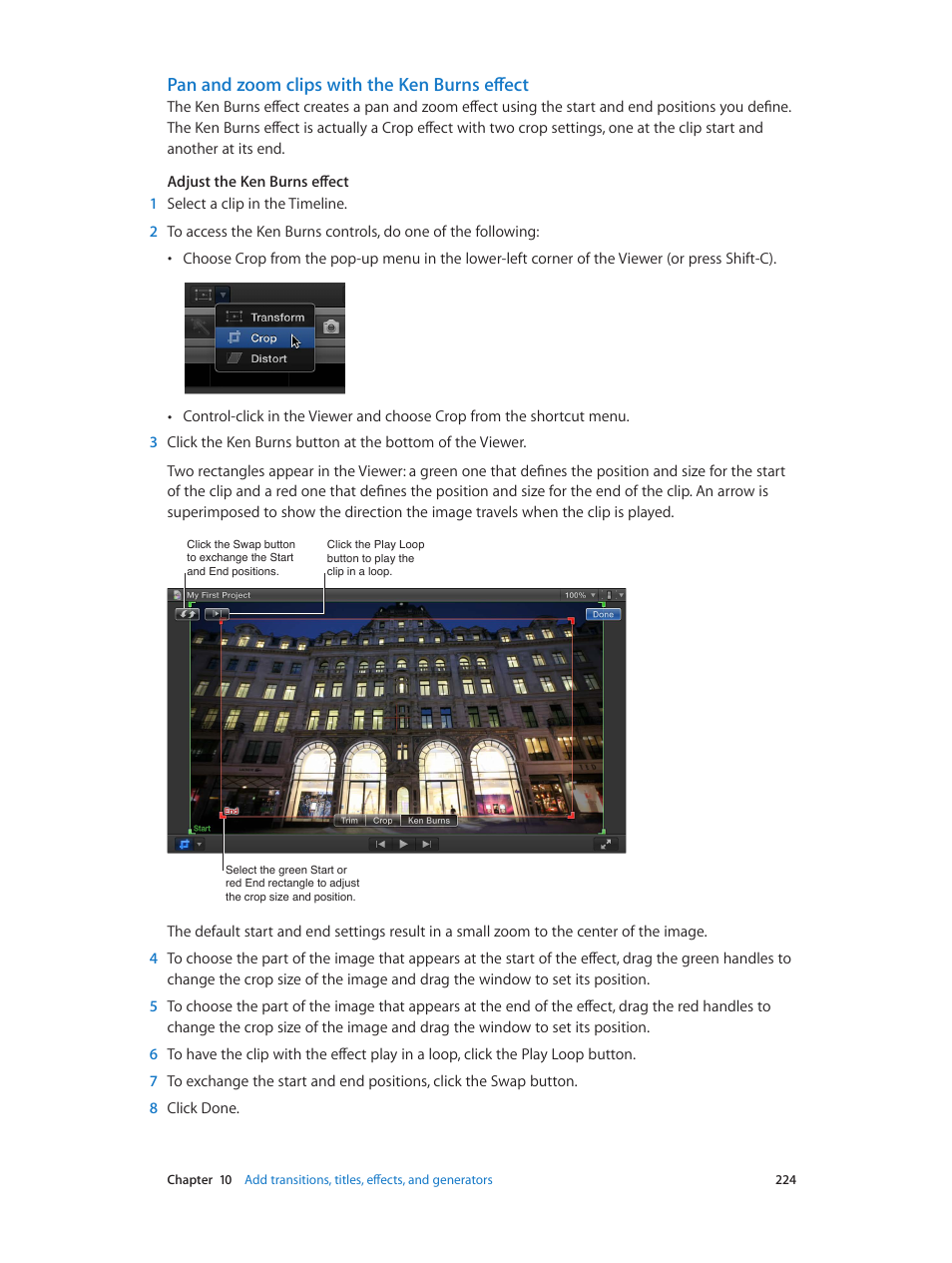 Pan and zoom clips with the ken burns effect | Apple Final Cut Pro X (10.0.9) User Manual | Page 224 / 476