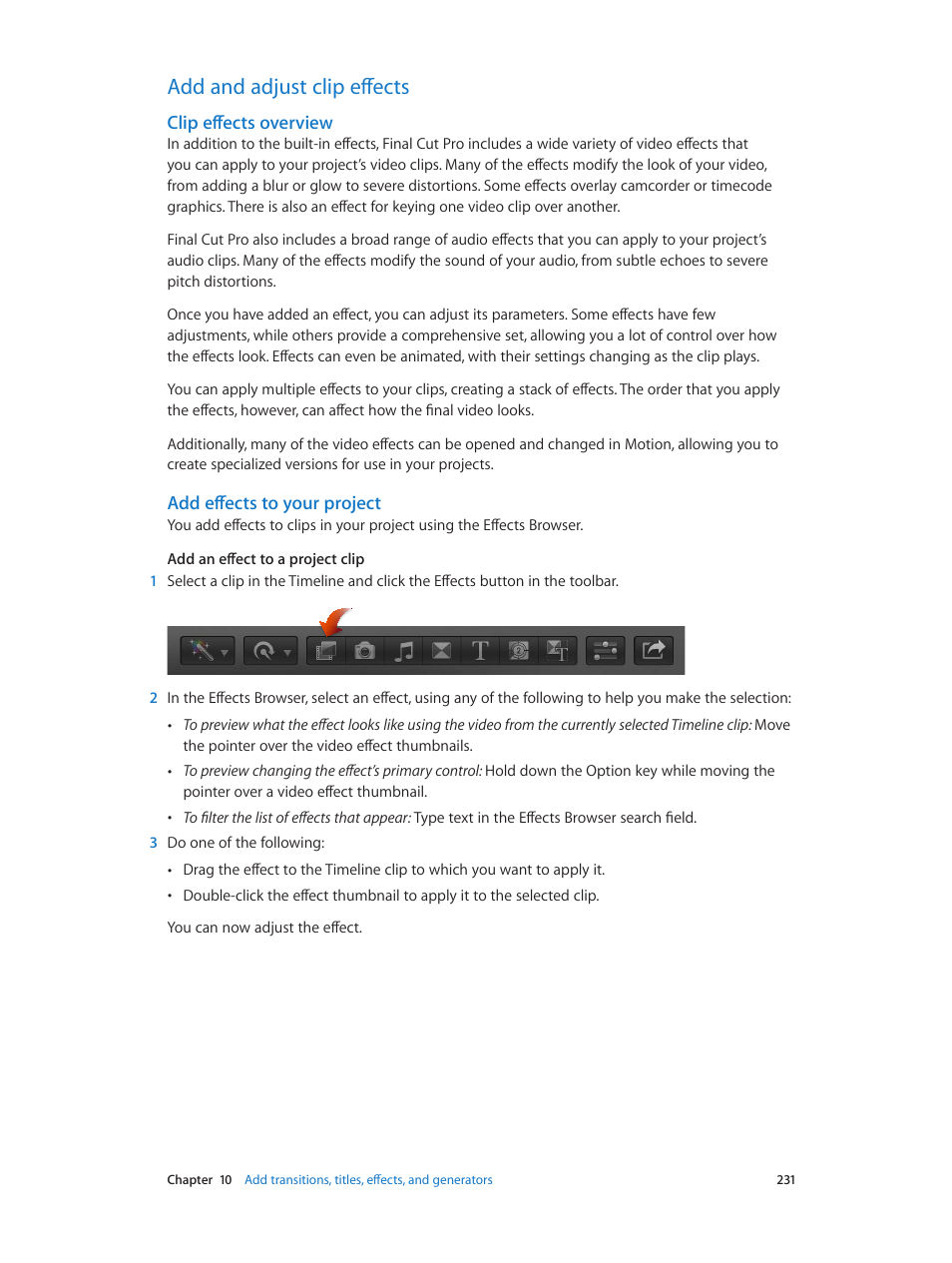 Add and adjust clip effects, Clip effects overview, Add effects to your project | 231 add and adjust clip effects 231 | Apple Final Cut Pro X (10.0.9) User Manual | Page 231 / 476