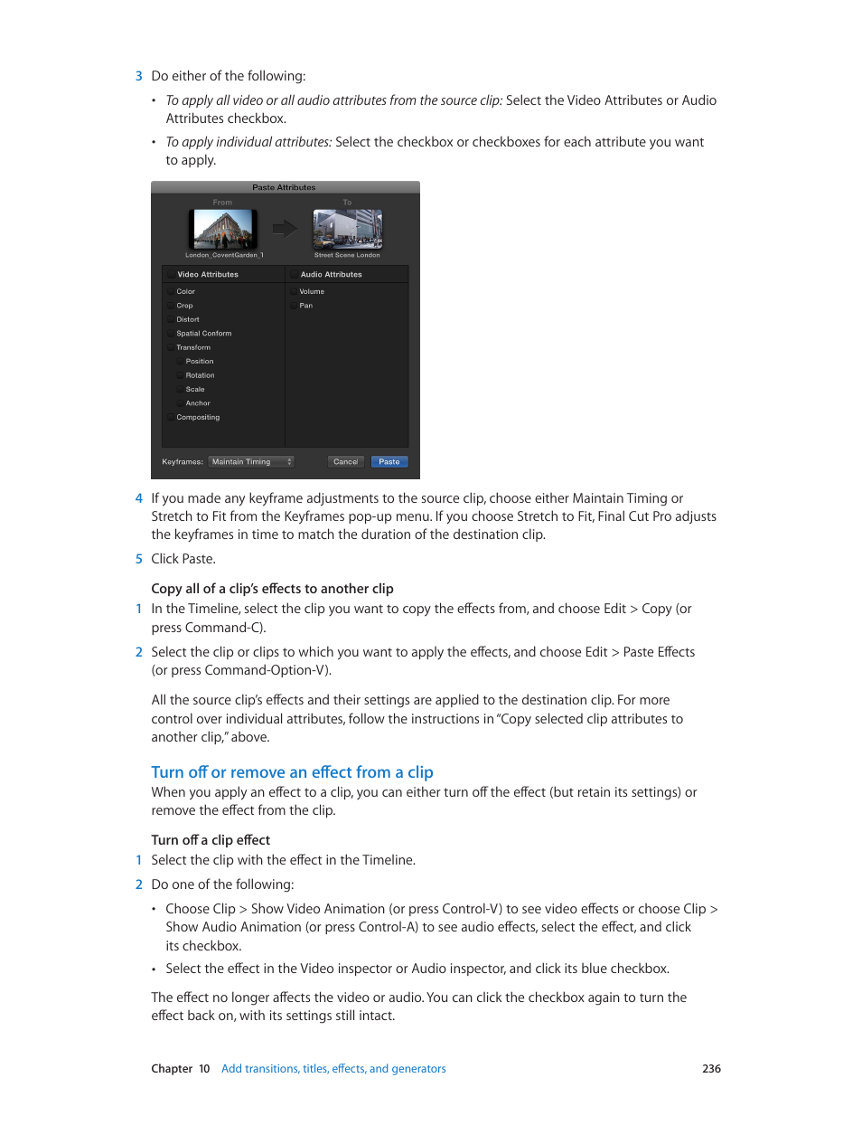 Turn off or remove an effect from a clip | Apple Final Cut Pro X (10.0.9) User Manual | Page 236 / 476