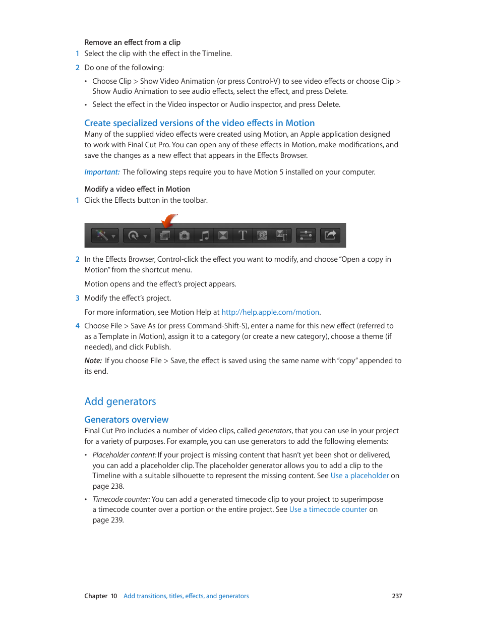 Add generators, Generators overview, 237 add generators 237 | Apple Final Cut Pro X (10.0.9) User Manual | Page 237 / 476