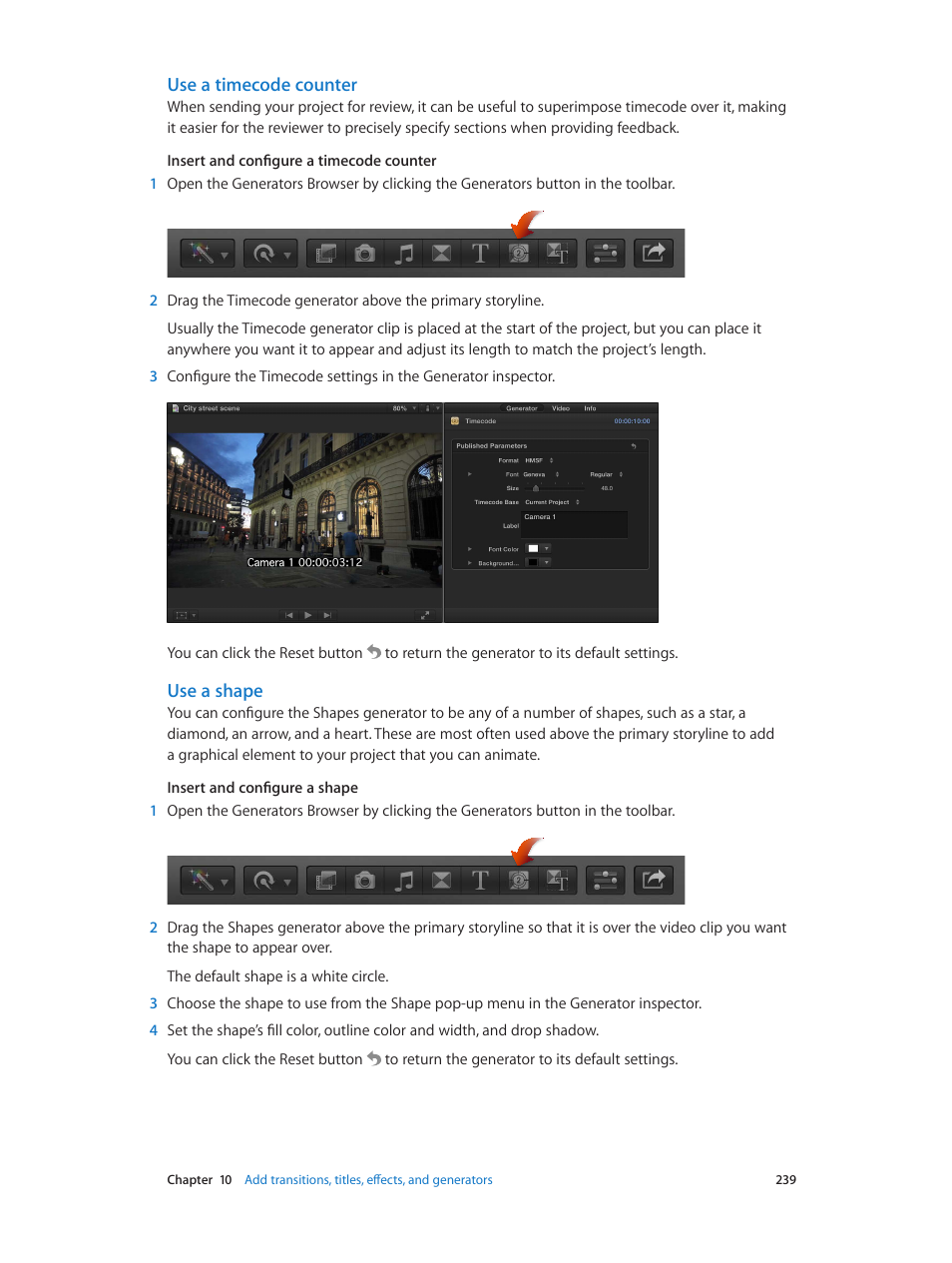 Use a timecode counter, Use a shape | Apple Final Cut Pro X (10.0.9) User Manual | Page 239 / 476