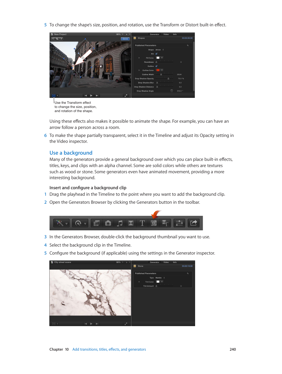 Use a background, Use a, Background | Apple Final Cut Pro X (10.0.9) User Manual | Page 240 / 476