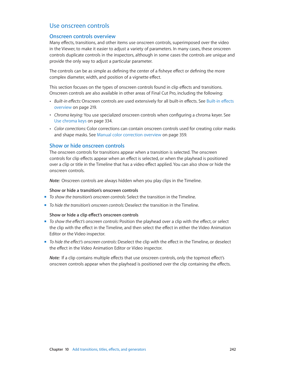 Use onscreen controls, Onscreen controls overview, Show or hide onscreen controls | 242 use onscreen controls, Onscreen, Controls overview | Apple Final Cut Pro X (10.0.9) User Manual | Page 242 / 476