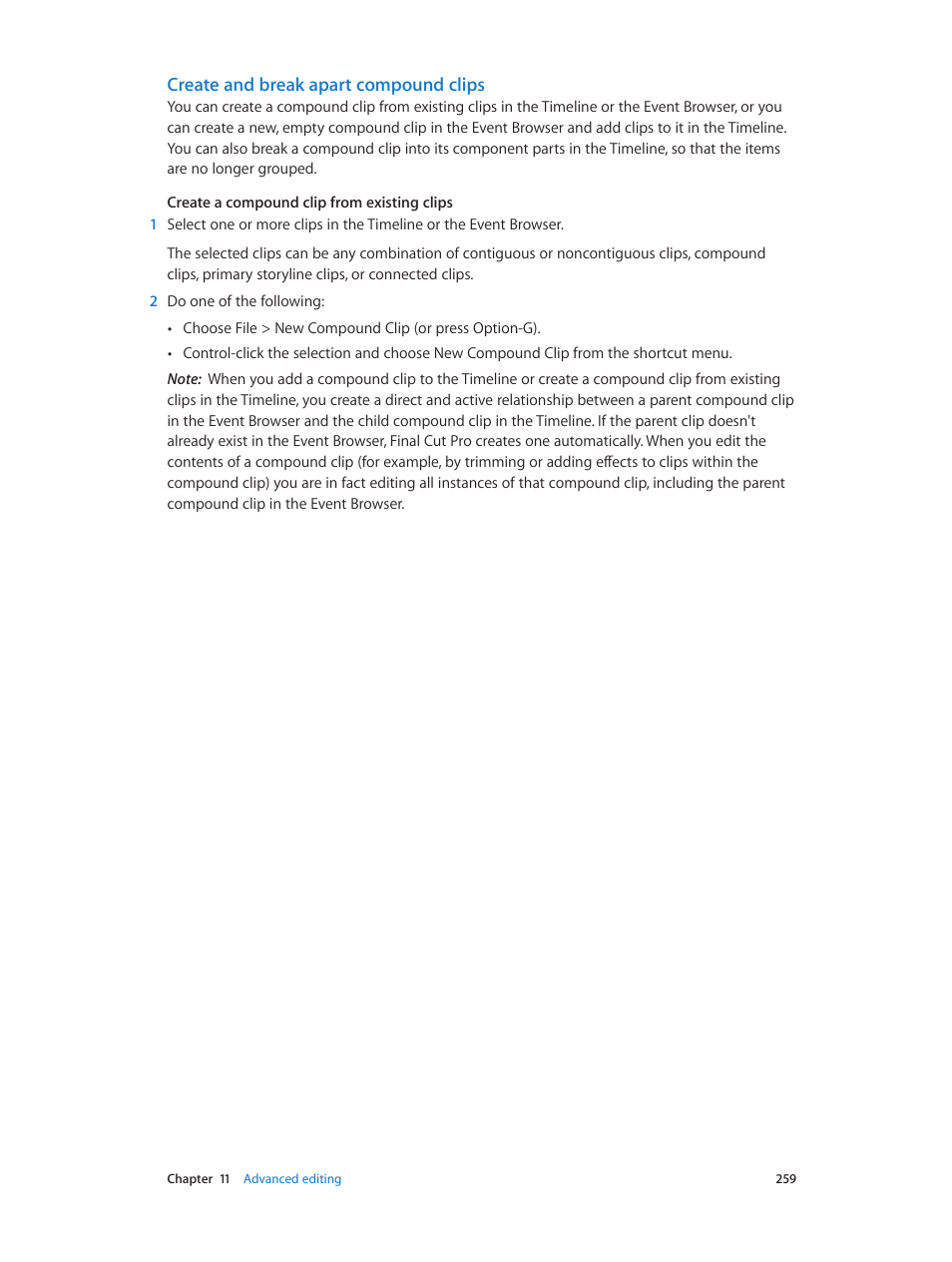 Create and break apart compound clips | Apple Final Cut Pro X (10.0.9) User Manual | Page 259 / 476