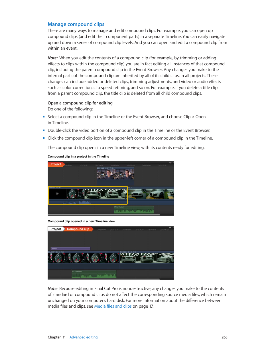 Manage compound clips | Apple Final Cut Pro X (10.0.9) User Manual | Page 263 / 476