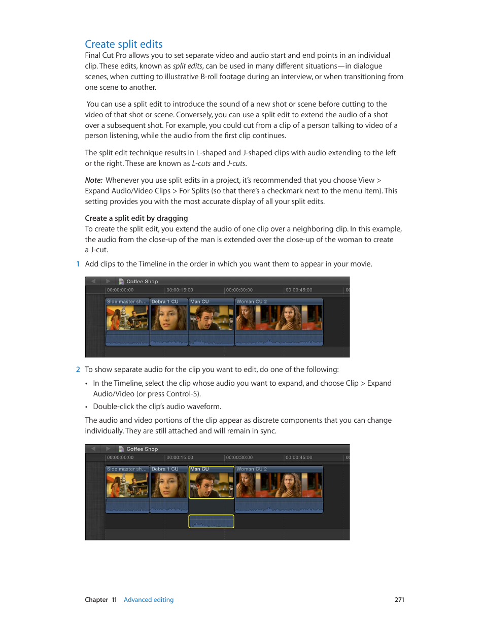 Create split edits, 271 create split edits | Apple Final Cut Pro X (10.0.9) User Manual | Page 271 / 476