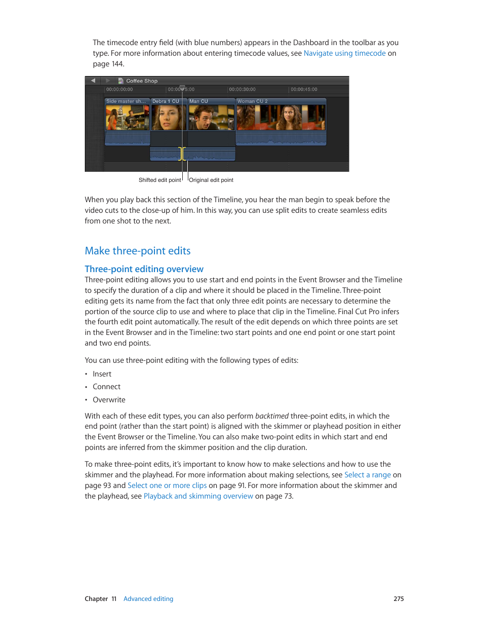 Make three-point edits, Three-point editing overview, 275 make three-point edits 275 | Three-point, Editing overview, Three, Point editing overview | Apple Final Cut Pro X (10.0.9) User Manual | Page 275 / 476