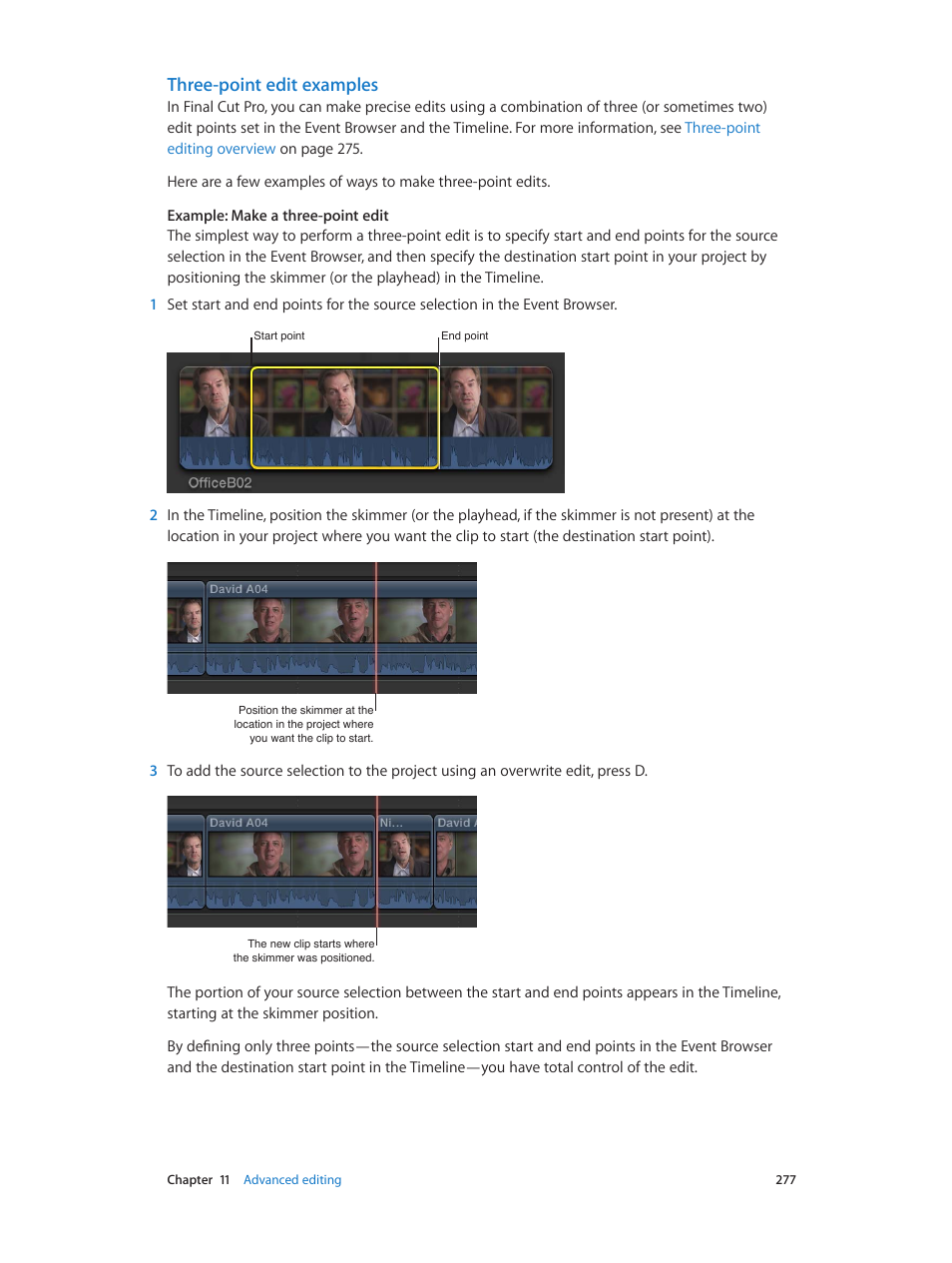 Three-point edit examples | Apple Final Cut Pro X (10.0.9) User Manual | Page 277 / 476