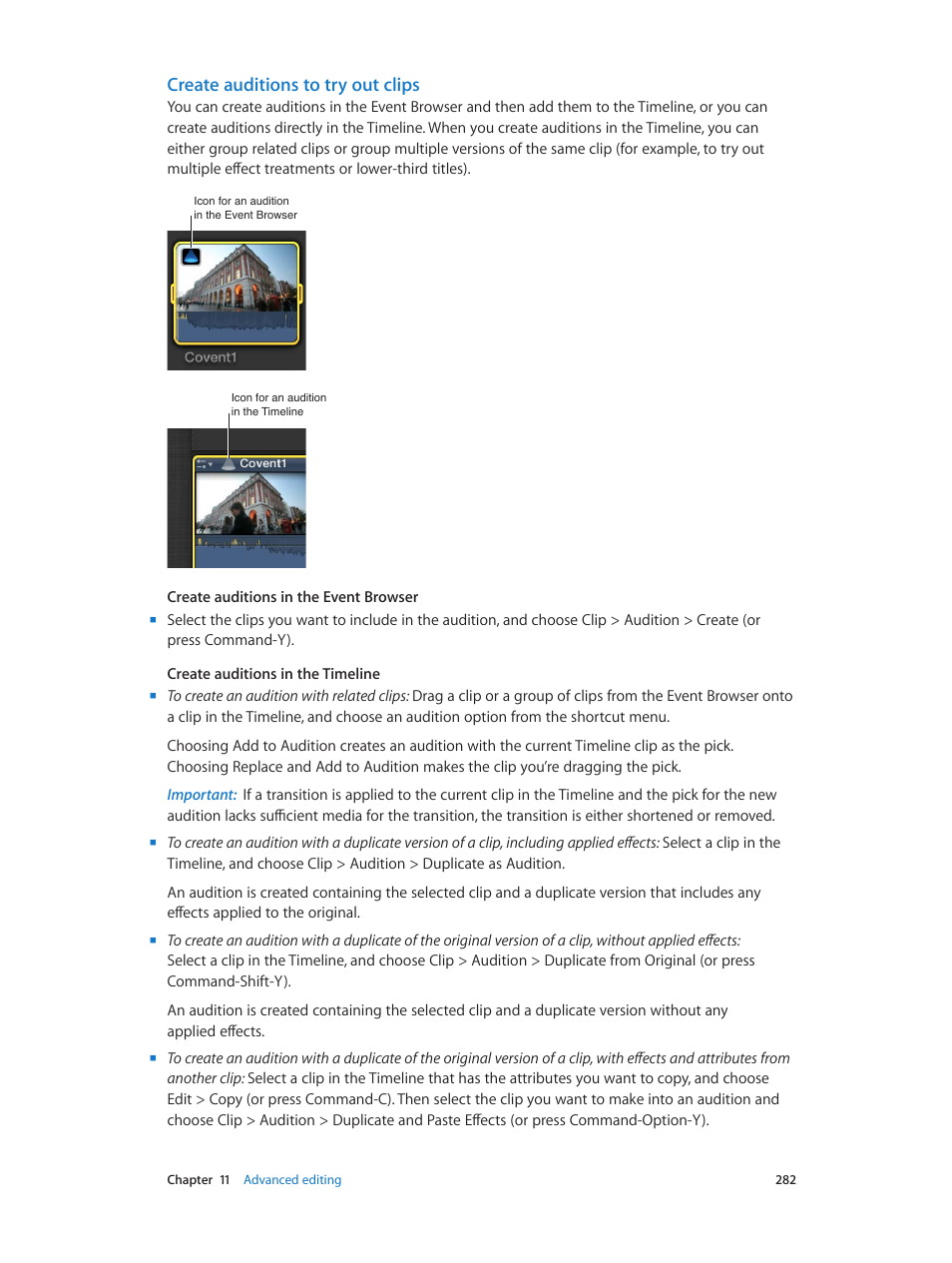 Create auditions to try out clips | Apple Final Cut Pro X (10.0.9) User Manual | Page 282 / 476