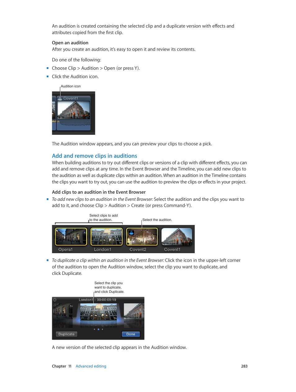 Add and remove clips in auditions | Apple Final Cut Pro X (10.0.9) User Manual | Page 283 / 476