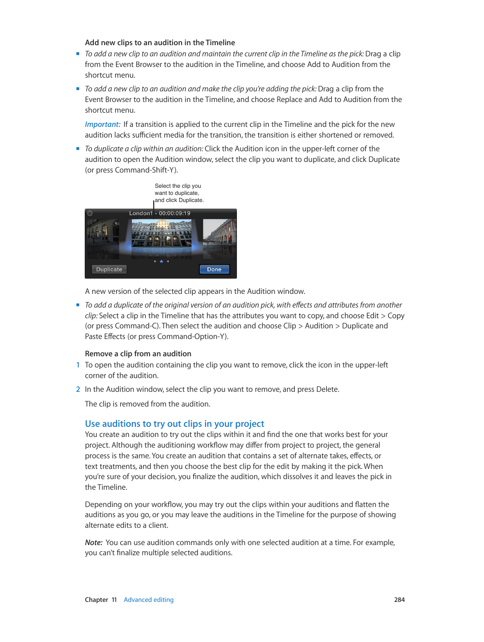 Use auditions to try out clips in your project | Apple Final Cut Pro X (10.0.9) User Manual | Page 284 / 476
