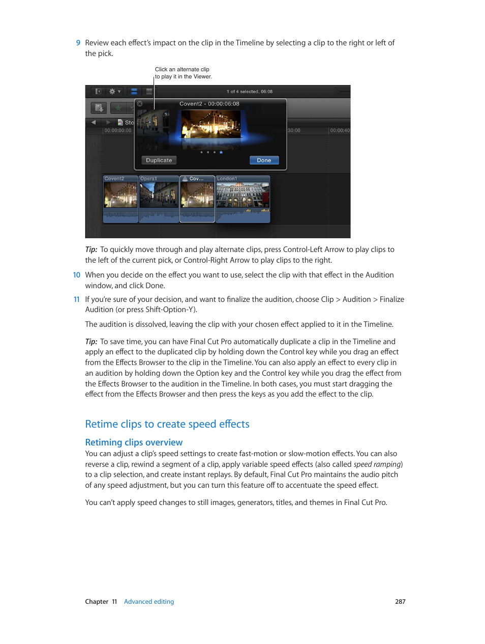 Retime clips to create speed effects, Retiming clips overview, 287 retime clips to create speed effects 287 | Apple Final Cut Pro X (10.0.9) User Manual | Page 287 / 476