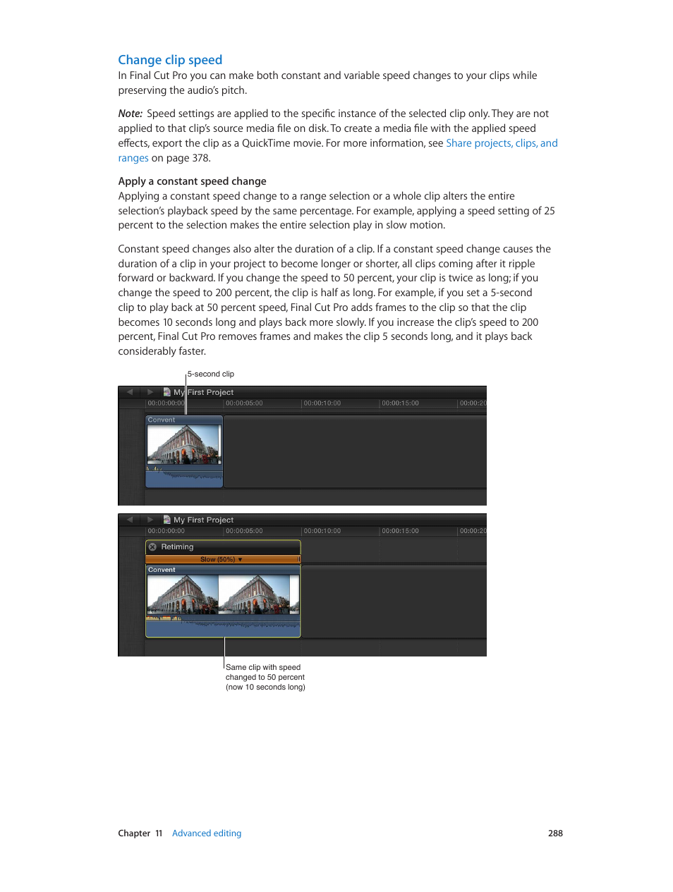 Change clip speed | Apple Final Cut Pro X (10.0.9) User Manual | Page 288 / 476