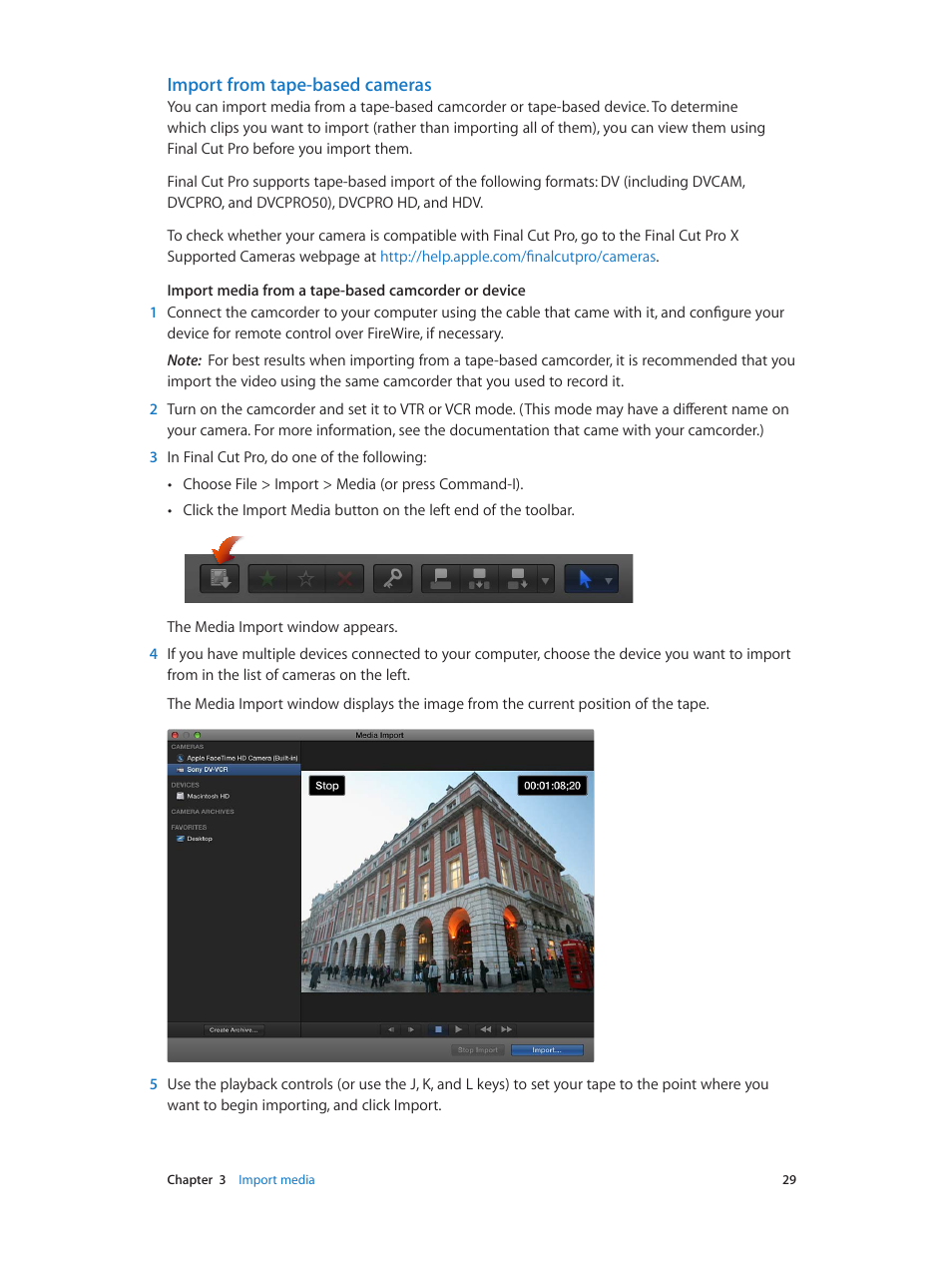 Import from tape-based cameras | Apple Final Cut Pro X (10.0.9) User Manual | Page 29 / 476