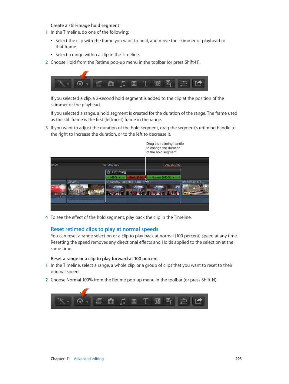 Reset retimed clips to play at normal speeds | Apple Final Cut Pro X (10.0.9) User Manual | Page 295 / 476